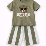 Erkek Bebek Takım Tişört Şort Yeşil Baskılı Skate Gang Yazlık Pamuklu Takım