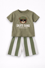 Erkek Bebek Takım Tişört Şort Yeşil Baskılı Skate Gang Yazlık Pamuklu Takım