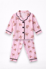 Kız Çocuk Pijama Takımı Uzun Kollu Ayıcık Desenli Pembe 2’li