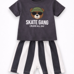 Erkek Bebek Takım Tişört Şort Lacivert Baskılı Skate Gang Yazlık Pamuklu Takım