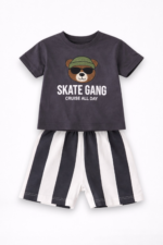 Erkek Bebek Takım Tişört Şort Lacivert Baskılı Skate Gang Yazlık Pamuklu Takım