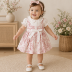 Kız Bebek Elbise Fırfırlı Çiçek Desenli Pamuklu Müslin Şık Elbise Pembe