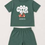 Good Vibes Baskılı Erkek Bebek Alt Üst Takım Yeşil Tişört & Şort