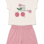 Cherry Baskılı Kız Çocuk Şort Takımı Ekru Tişört & Pudra Şort
