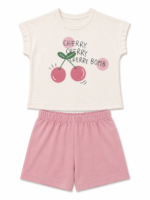 Cherry Baskılı Kız Çocuk Şort Takımı Ekru Tişört & Pudra Şort