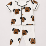 Köpek Desenli Erkek Bebek Pijama Takımı Düğmeli Kısa Kollu Takım