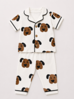 Köpek Desenli Erkek Bebek Pijama Takımı Düğmeli Kısa Kollu Takım
