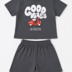 Good Vibes Baskılı Erkek Bebek Alt Üst Takım Füme Gri Tişört & Şort