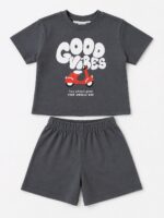 Good Vibes Baskılı Erkek Bebek Alt Üst Takım Füme Gri Tişört & Şort
